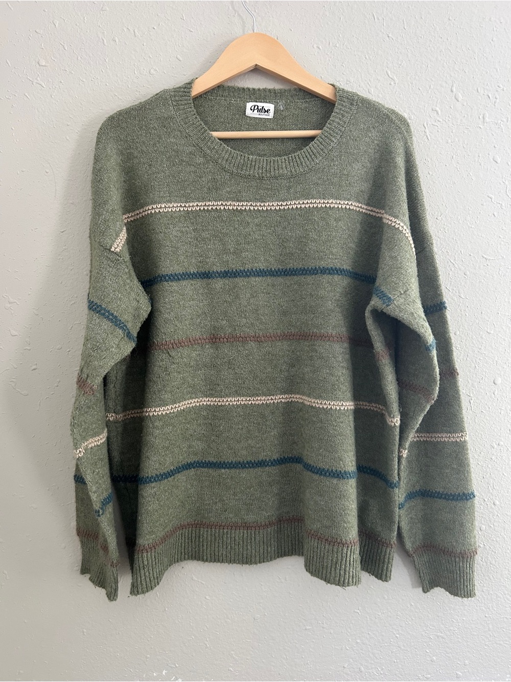 Pulse Olive Green Crewneck Sweater with Stripes Casual Fall Comfy XL